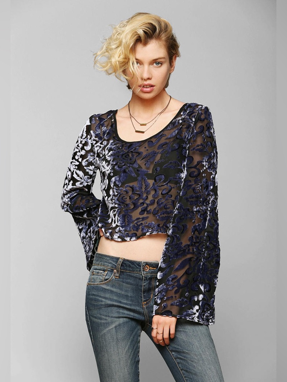 Staring at Stars Sheer Velvet Burnout Long Bell-Sleeve Top
